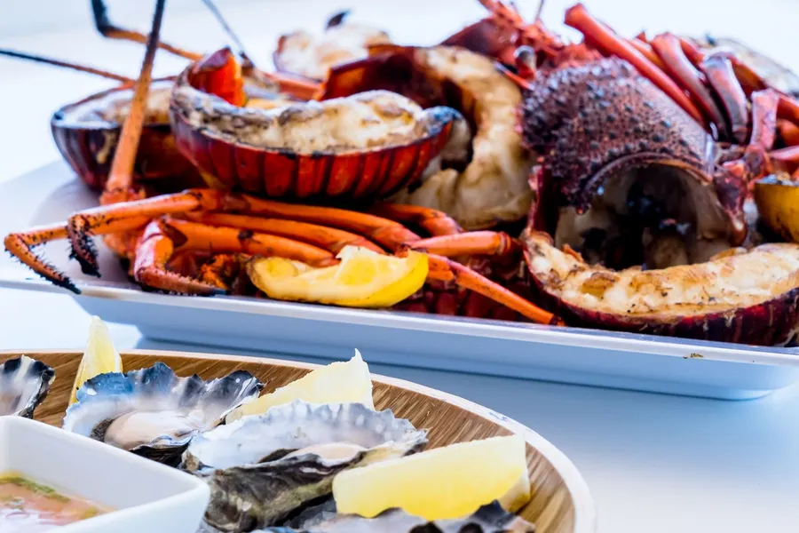 A seafood platter with lobster and oysters served by the water