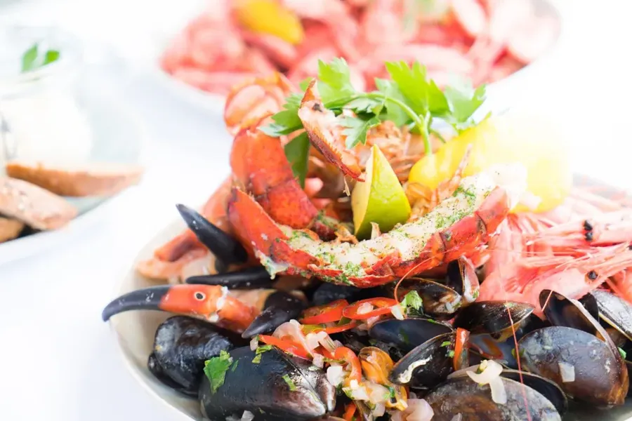 A seafood platter of crab, mussels, and shrimp